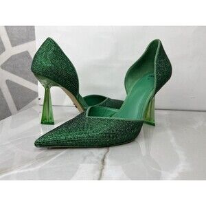 ZARA RHINESTONE HI HEEL STILETTO PUMPS SHOES GREEN SZ 37 Us 7 SLIP ON